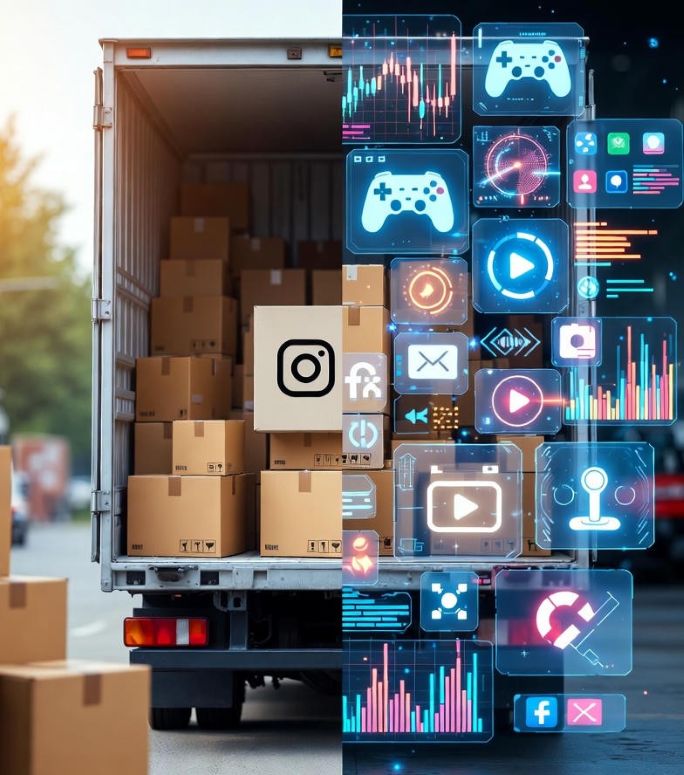 delivery truck and cardboard boxes fading into digital game icons and glowing data streams
