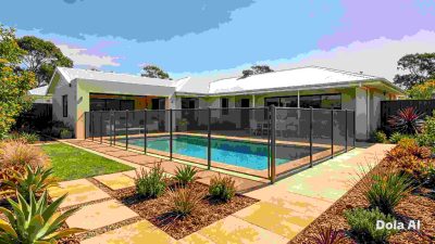 A modern Australian residential property with a beautifully designed swimming pool surrounded by an elegant contemporary safety fence